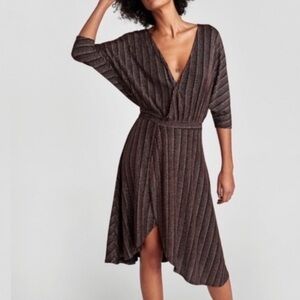 Zara Wrap Dress Black & Copper Pinstripe Metallic 3/4 Dolman Sleeve Sexy Sz M